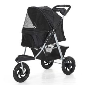 Three Wheel Folding Pet Stroller, Dog Jogger Travel Cats Carrier Adjustable Canopy Storage Brake Mesh Window (Color: BLACK)